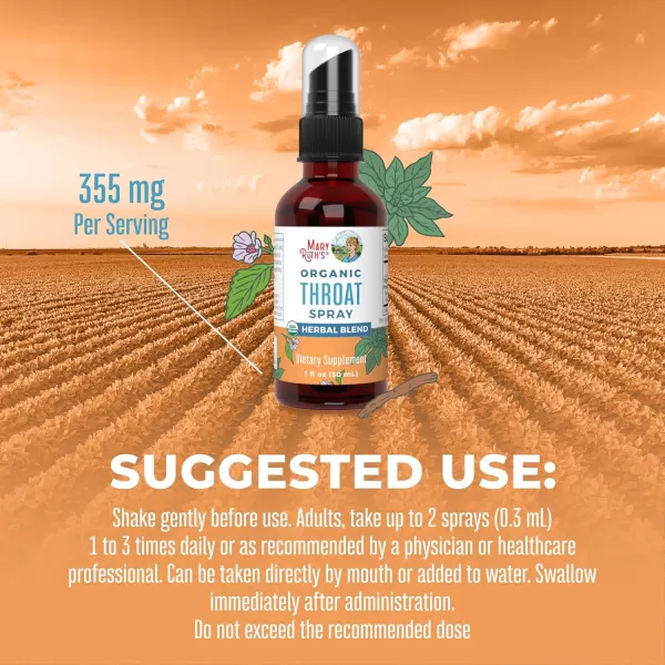 USDA Organic Throat Spray with Mullein Leaf by MaryRuths  Marshmallow Root ampamp Licorice Root ampamp Thyme Leaf  4 Herbal Blend  NonGMO  Vegan  Gluten Free  1 Fl Oz  Up to 100 Servings