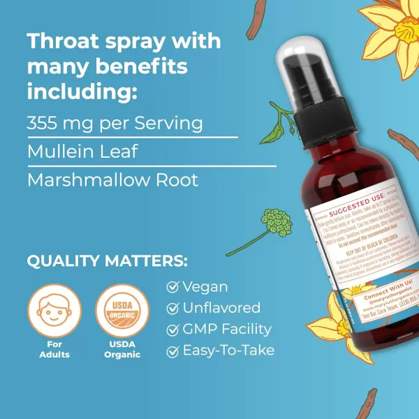 USDA Organic Throat Spray with Mullein Leaf by MaryRuths  Marshmallow Root ampamp Licorice Root ampamp Thyme Leaf  Vanilla  4 Herbal Blend  NonGMO  Vegan  Gluten Free  1 Fl Oz  Up to 100 Servings