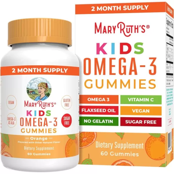 MaryRuth Organics Vegan Omega 3 Gummies for Kids 2 2 Month Supply Sugar Free Omega 3 Supplement with Vitamin C Flaxseed Oil Immune Support Essential Nutrient ALA No Fish Taste 60 CountOrange