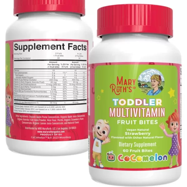 MaryRuths Cocomelon Multivitamin Fruit Bites  Multivitamin for Kids  Vitamin A Vitamin C Vitamin D Vitamin E for Toddlesr Ages 2 Years  Immune Support  Vegan  Gluten Free  60 Count