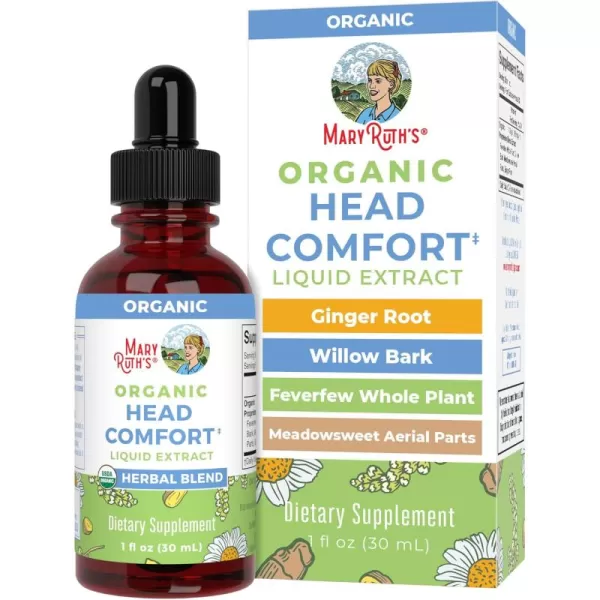 USDA Organic Head Comfort Liquid Extract Herbal Blend by MaryRuths  Ginger Root  Willow Bark  Feverfew Whole Plant  Meadowsweet Traditional Herbs  NonGMO  Vegan  Gluten Free  1 Fl Oz