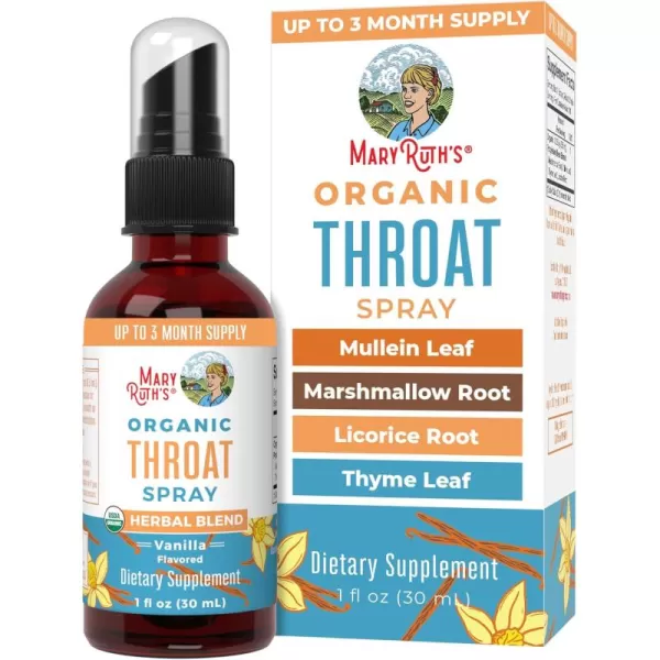 USDA Organic Throat Spray with Mullein Leaf by MaryRuths  Marshmallow Root ampamp Licorice Root ampamp Thyme Leaf  Vanilla  4 Herbal Blend  NonGMO  Vegan  Gluten Free  1 Fl Oz  Up to 100 Servings