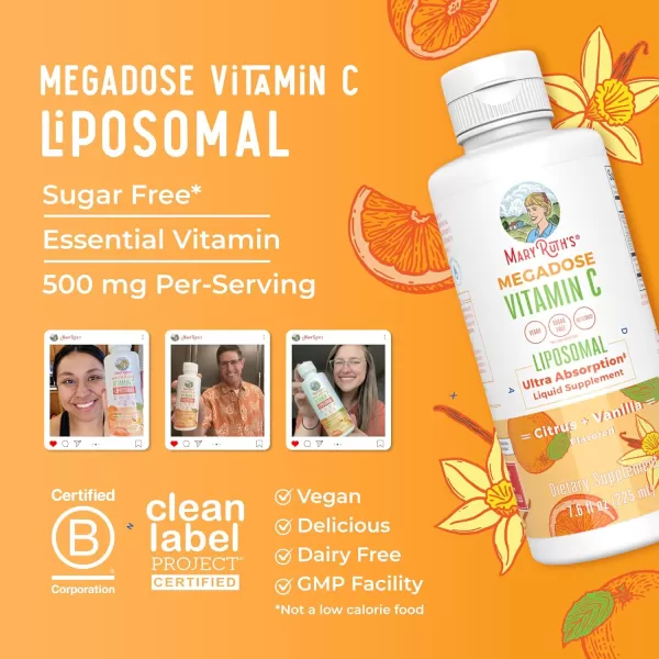 Liposomal Vitamin C by MaryRuths  Immune Support Supplement  Vitamin C 500mg  Megadose Vitamin C Supplement  Skin Care  Liquid Vitamin C  Vitamin E  Vegan  Non GMO  30 ServingsCitrus  Vanilla