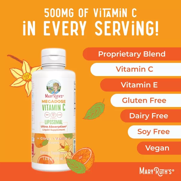 Liposomal Vitamin C by MaryRuths  Immune Support Supplement  Vitamin C 500mg  Megadose Vitamin C Supplement  Skin Care  Liquid Vitamin C  Vitamin E  Vegan  Non GMO  30 ServingsCitrus  Vanilla