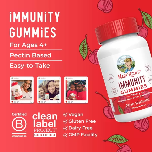 Mary Ruths 51 Immunity Gummies with Elderberry for Kids ampamp Adults  Cherry  Pectin Based  Vegan  90 CountCherry