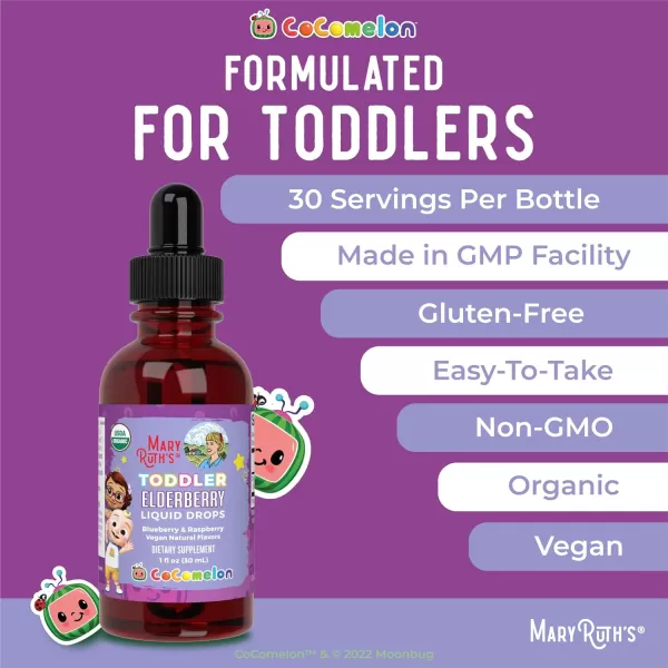 MaryRuth Organics Cocomelon Toddler Elderberry Syrup USDA Organic Elderberry Sugar Free Kids Immune Support Supplement for Ages 13 Years Clean Label Project Verified Vegan Gluten Free 1 Fl Oz