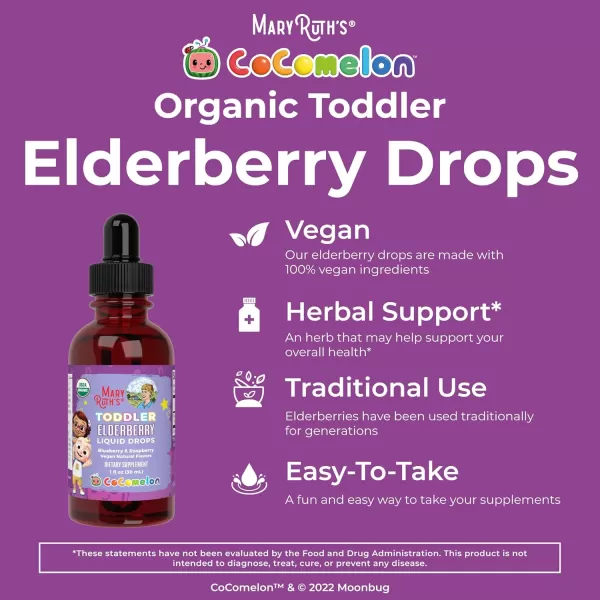 MaryRuth Organics Cocomelon Toddler Elderberry Syrup USDA Organic Elderberry Sugar Free Kids Immune Support Supplement for Ages 13 Years Clean Label Project Verified Vegan Gluten Free 1 Fl Oz