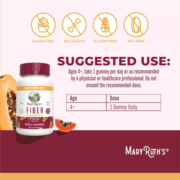 MaryRuth Organics Fiber Gummies for Adults  Prebiotic Fiber Supplement  Gut Health  Digestion Support  Sugar Free  Vegan  2 Month Supply  60 CountPapaya