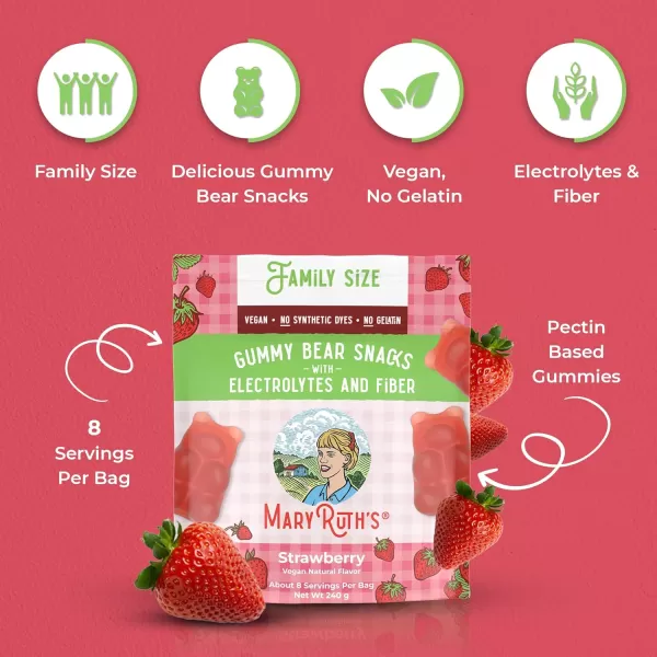 MaryRuth Organics Gummy Bears Snacks  Delicious Gummies with Electrolytes and Fiber  Gummy Candy Made with Organic Cane Sugar  Strawberry  Vegan Pectin Based  Family Size  240gStrawberry