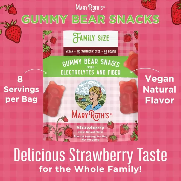 MaryRuth Organics Gummy Bears Snacks  Delicious Gummies with Electrolytes and Fiber  Gummy Candy Made with Organic Cane Sugar  Strawberry  Vegan Pectin Based  Family Size  240gStrawberry