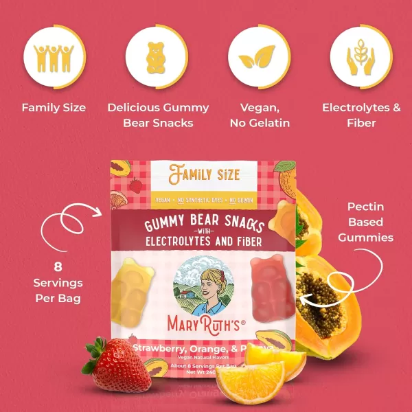 MaryRuth Organics Gummy Bears Snacks  Delicious Gummies with Electrolytes and Fiber  Gummy Candy Made with Organic Cane Sugar  Strawberry  Vegan Pectin Based  Family Size  240gStrawberry Orange  Papaya