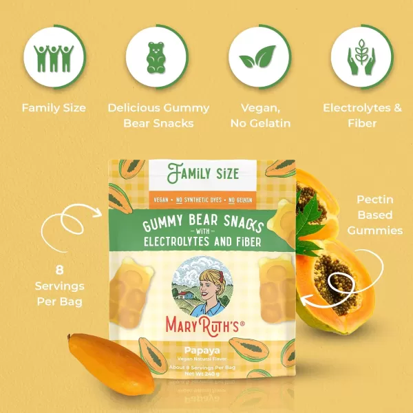 MaryRuth Organics Gummy Bears Snacks  Delicious Gummies with Electrolytes and Fiber  Gummy Candy Made with Organic Cane Sugar  Strawberry  Vegan Pectin Based  Family Size  240gPapaya