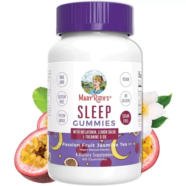 MaryRuth Organics Melatonin 5mg Sleep Gummy with LTheanine  Lemon Balm  Vitamin B6  SugarFree  Relaxation  Vegan  NonGMO  Gluten Free  60 Count