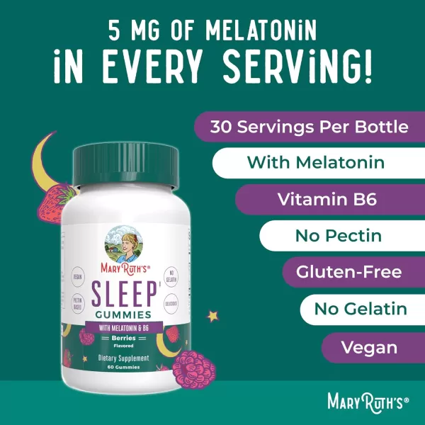 MaryRuth Organics Melatonin Gummies  Melatonin 5mg Sleep Gummies with Vitamin B6  Made with Organic Cane Sugar  Relaxation ampamp Sleep Support for Adults  Vegan  NonGMO  Gluten Free  60 Count