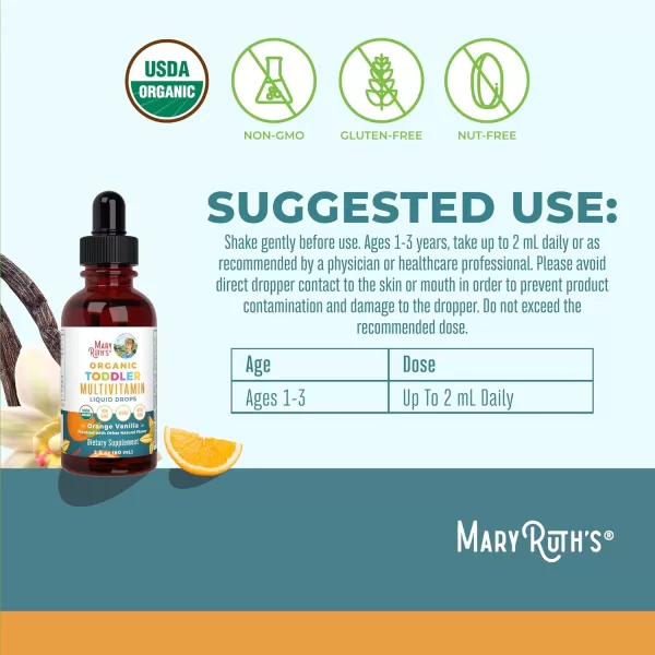 MaryRuth Organics Multivitamin ampamp Multimineral with Iron for Toddlers  USDA Organic  Sugar Free  Multivitamin Liquid Drops for Kids Ages 13  Immune Support  Vegan  NonGMO  2 Fl OzVanilla Orange