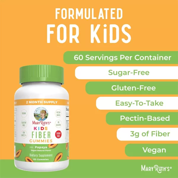 MaryRuth Organics Nutritional Supplement 2 Month Supply Sugar Free Prebiotic for Kids Ages 2 Gut Health and Digestion Support 3g Soluble Fiber Per Gummy 60 CountPapaya