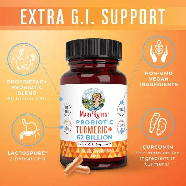 MaryRuth Organics Probiotic Turmeric  Extra GI Support  62 Billion CFU  Organic Ingredients Turmeric Complex with Probiotics  Turmeric Curcumin Capsules for Digestion  Vegan  60 Count