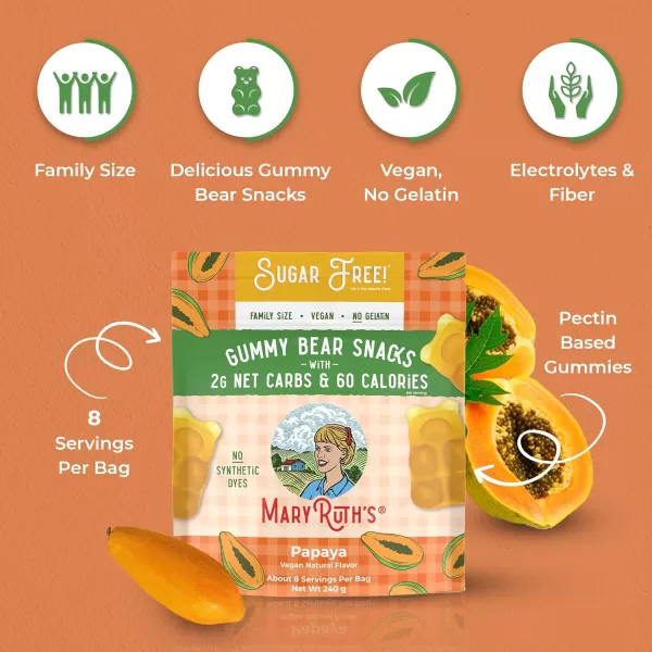 MaryRuth Organics Sugar Free Gummy Bears Snacks  Delicious Gummies Made with Organic Ingredients  Natural Papaya Fruit Flavor Gummy Candy  Vegan  Gluten Free  NonGMO  240g Family SizePapaya