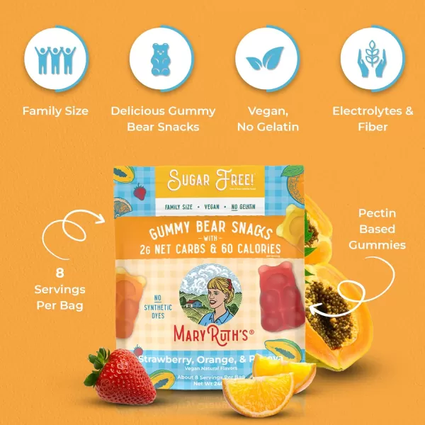 MaryRuth Organics Sugar Free Gummy Bears Snacks  Delicious Gummies Made with Organic Ingredients  Natural Papaya Fruit Flavor Gummy Candy  Vegan  Gluten Free  NonGMO  240g Family SizeStrawberry Orange  Papaya