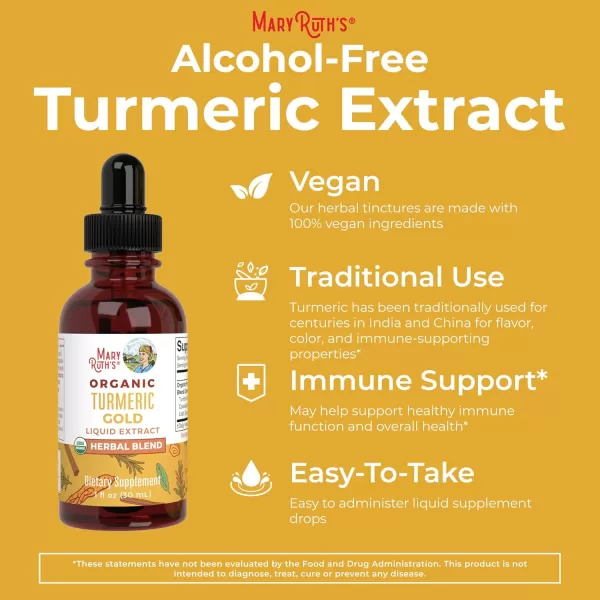 MaryRuth Organics USDA Organic Turmeric Gold Liquid Drops  Liquid Herbal Blend  Turmeric Curcumin Black Pepper Cassia Cinnamon Bark Ginger Root  Immune Support  NonGMO Vegan 1oz