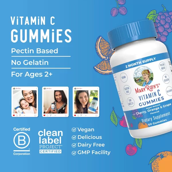 MaryRuth Organics Vegan Vitamin C Gummies  2 Month Supply  Immune Support Supplement  Adults ampamp Kids Vitamin C  Chewable Vitamin C Gummy Vitamins  Non GMO  Pectin Based  60 Count