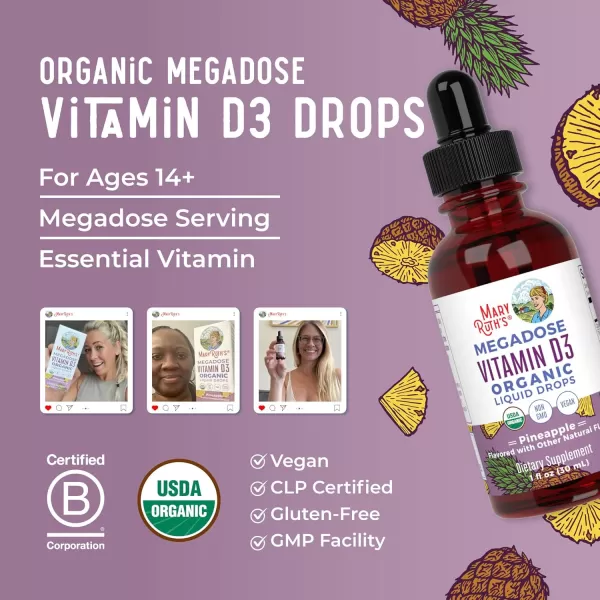 MaryRuth Organics Vitamin D3 Liquid Drops  Megadose 4000 IU  USDA Organic Liquid Vitamin D Spray for Adults ampamp Kids  Immune Support ampamp Bone Health  Vegan  Gluten Free  NonGMO  30 Servings