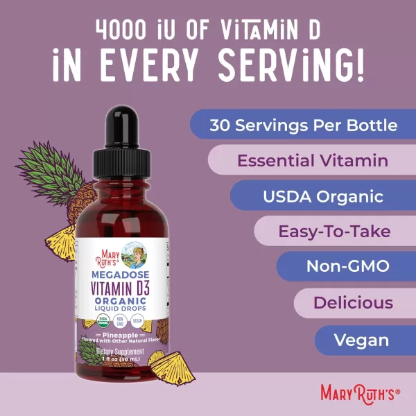 MaryRuth Organics Vitamin D3 Liquid Drops  Megadose 4000 IU  USDA Organic Liquid Vitamin D Spray for Adults ampamp Kids  Immune Support ampamp Bone Health  Vegan  Gluten Free  NonGMO  30 Servings