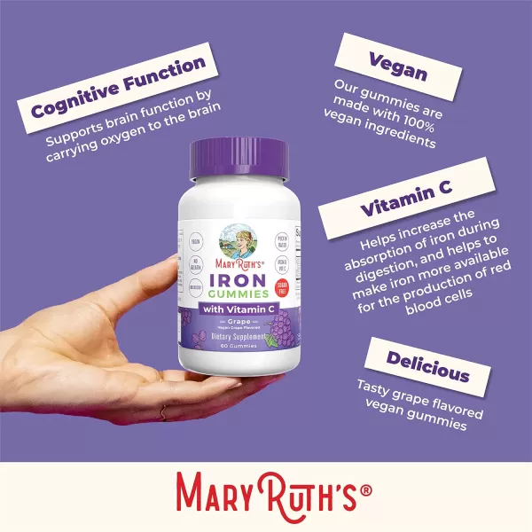 MaryRuths Iron Suppleme nt Gummies for Adults  Sugar Free  Gummy Iron Supplements  Vitamin C for Ages 14  Iron Supplement for Iron Deficiency  Immune Support  Vegan  NonGMO  60 CountGrape