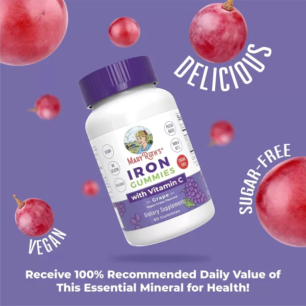 MaryRuths Iron Suppleme nt Gummies for Adults  Sugar Free  Gummy Iron Supplements  Vitamin C for Ages 14  Iron Supplement for Iron Deficiency  Immune Support  Vegan  NonGMO  60 CountGrape