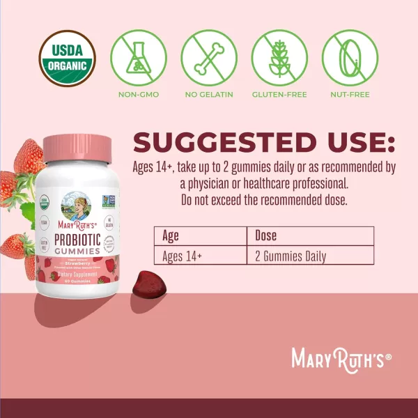 USDA Organic Probiotic Gummies by MaryRuths  Probiotic Digestive Support  Immune Support  Digestive ampamp Gut Health Supplement  25 Billion CFU  Vegan  NonGMO  Gluten Free  60 CountStrawberry