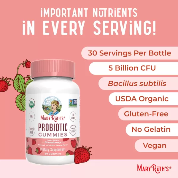 USDA Organic Probiotic Gummies by MaryRuths  Probiotic Digestive Support  Immune Support  Digestive ampamp Gut Health Supplement  25 Billion CFU  Vegan  NonGMO  Gluten Free  60 CountStrawberry