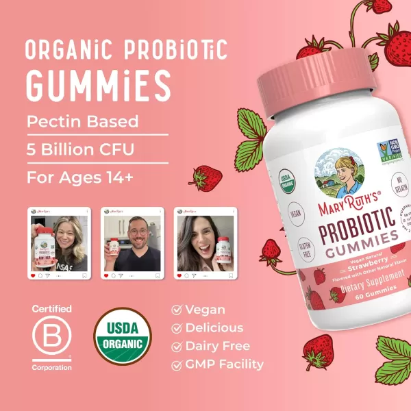 USDA Organic Probiotic Gummies by MaryRuths  Probiotic Digestive Support  Immune Support  Digestive ampamp Gut Health Supplement  25 Billion CFU  Vegan  NonGMO  Gluten Free  60 CountStrawberry