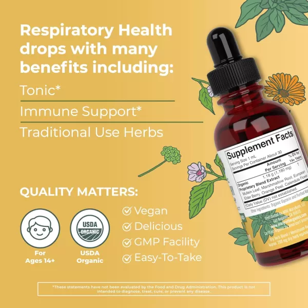 USDA Organic Respiratory Health Liquid Drops with Mullein Leaf  Marshmallow Root ampamp Elderberry  Mullein Drops for Lungs Herbal Blend  Immune Support Supplement  NonGMO  Vegan  1 Fl OzUnflavored