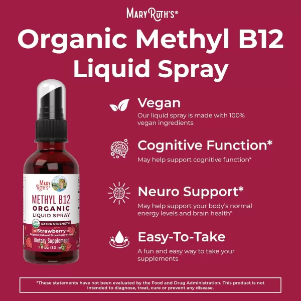 Vitamin B12 Spray  USDA Organic Vitamin B12 Liquid Spray  B12 Vitamin Supplement Liquid for Nervous System Function  Liquid Vitamin B12 for Energy Support  Vegan  NonGMO  Gluten Free  1 Fl OzStrawberry