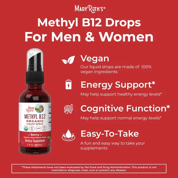 Vitamin B12 Spray  USDA Organic Vitamin B12 Liquid Spray  B12 Vitamin Supplement Liquid for Nervous System Function  Liquid Vitamin B12 for Energy Support  Vegan  NonGMO  Gluten Free  1 Fl OzBerry