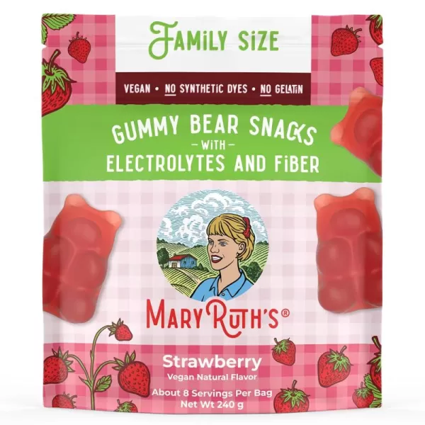 MaryRuth Organics Gummy Bears Snacks  Delicious Gummies with Electrolytes and Fiber  Gummy Candy Made with Organic Cane Sugar  Strawberry  Vegan Pectin Based  Family Size  240gStrawberry