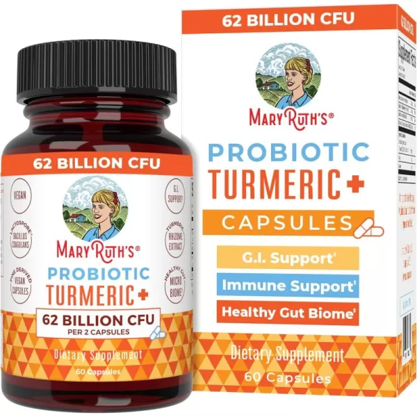 MaryRuth Organics Probiotic Turmeric  Extra GI Support  62 Billion CFU  Organic Ingredients Turmeric Complex with Probiotics  Turmeric Curcumin Capsules for Digestion  Vegan  60 Count