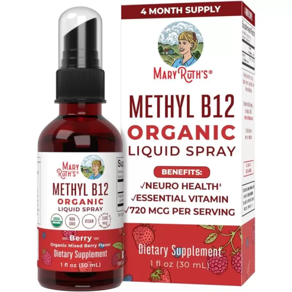 Vitamin B12 Spray  USDA Organic Vitamin B12 Liquid Spray  B12 Vitamin Supplement Liquid for Nervous System Function  Liquid Vitamin B12 for Energy Support  Vegan  NonGMO  Gluten Free  1 Fl OzBerry