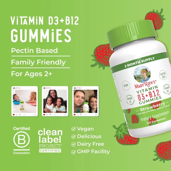 imageMaryRuth Organics Vegan Vitamin D3  Vitamin B12 Gummies  2 Month Supply  Supports Bone Health  Immune Support Supplement  Energy Supplements  Methyl B12 Vegan NonGMO Gluten Free  60 Servings