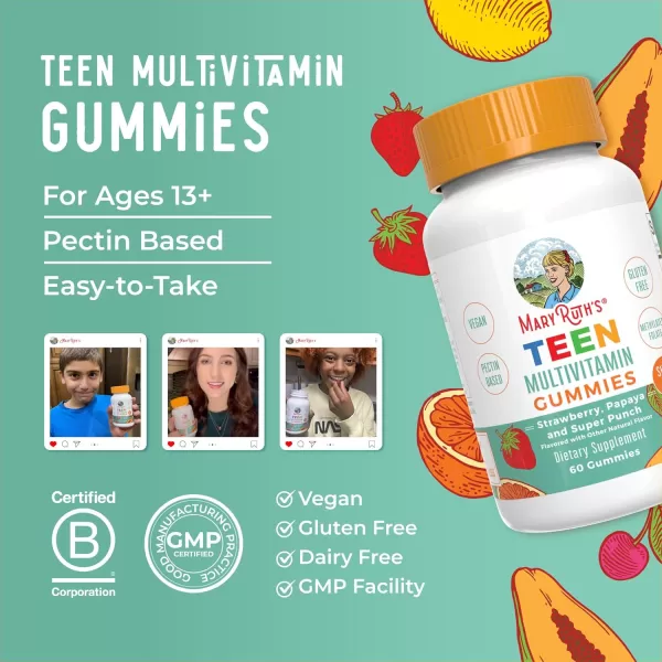 imageMaryRuths Multivitamin for Teens  Sugar Free  Vitamin Gummy for Ages 13  Vitamin C  D and E  B  Biotin  Zinc for Immune Support  Energy  Skin and Hair  60 Count