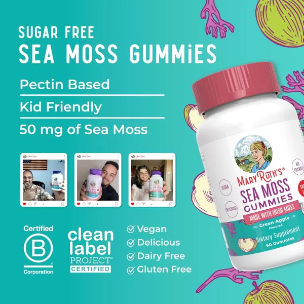 imageMaryRuths Sea Moss Gummies  Irish Moss  Chondrus crispus  Formulated for Adults ampamp Kids Ages 4  Delicious Green Apple Flavor  50 mg Per Serving  Sugar Free  Vegan  NonGMO  1 Fl OzGreen Apple