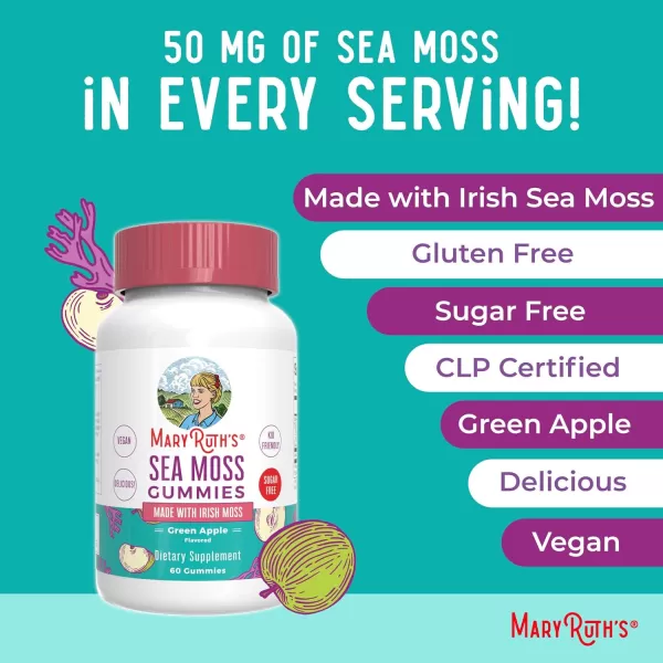 imageMaryRuths Sea Moss Gummies  Irish Moss  Chondrus crispus  Formulated for Adults ampamp Kids Ages 4  Delicious Green Apple Flavor  50 mg Per Serving  Sugar Free  Vegan  NonGMO  1 Fl OzGreen Apple