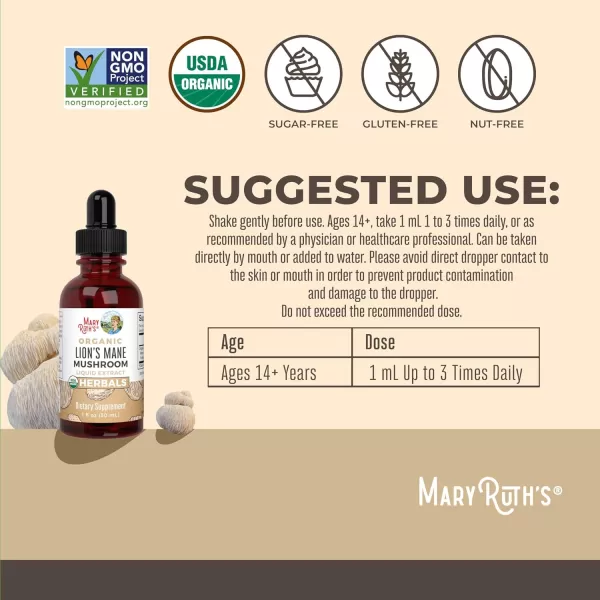 imageMaryRuth Organics Lions Mane Mushroom Supplement Upto 2 Month Supply Nootropic USDA Organic Lions Mane Extract Nervine Herbal Liquid Drops Brain Health NonGMO Vegan Alcohol Free Tincture 1 Fl OzUnflavored