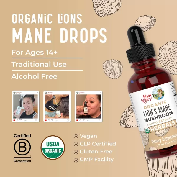 imageMaryRuth Organics Lions Mane Mushroom Supplement Upto 2 Month Supply Nootropic USDA Organic Lions Mane Extract Nervine Herbal Liquid Drops Brain Health NonGMO Vegan Alcohol Free Tincture 1 Fl OzUnflavored