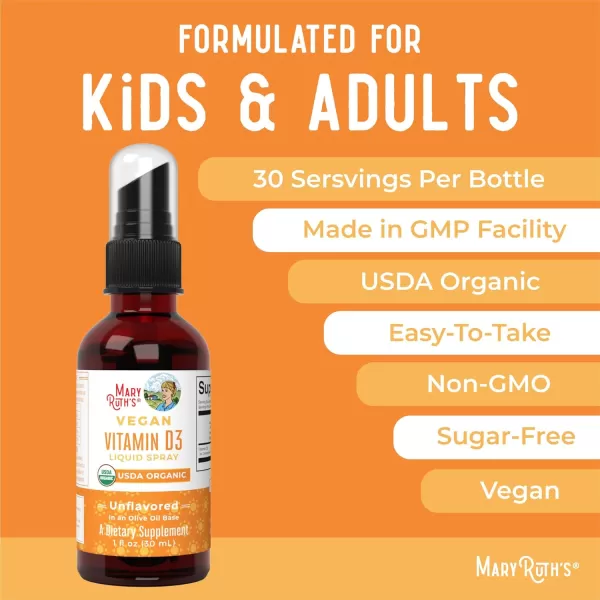 imageMaryRuth Organics Vitamin D USDA Organic  Vitamin D3 Liquid  Sugar Free  Liquid Vitamin D Spray Immune Support for Adults ampamp Kids  Bone Health  Vit D3  Vegan  Gluten Free  NonGMO  30 Servings