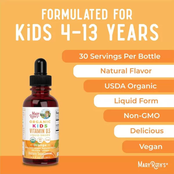 imageMaryRuth Organics USDA Organic Vitamin D3 Liquid Drops for Kids  640 IU Vitamin D3 Per Serving  Kids Immune Support ampamp Bone Health Supplement  Formulated for Ages 413  05oz  30 ServingsOrange