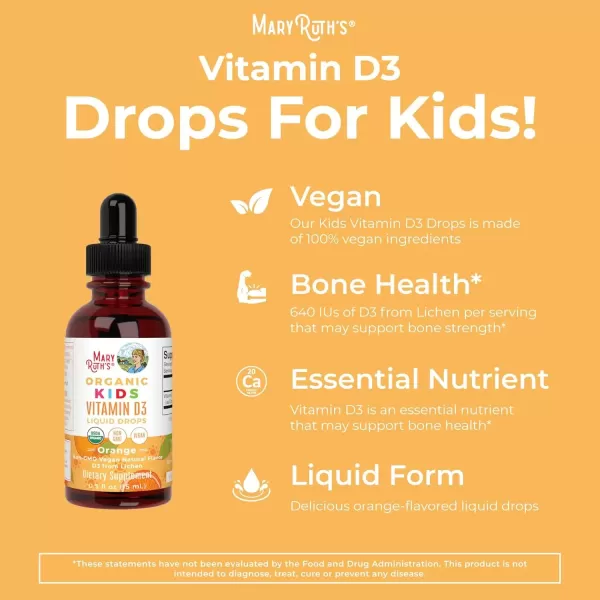 imageMaryRuth Organics USDA Organic Vitamin D3 Liquid Drops for Kids  640 IU Vitamin D3 Per Serving  Kids Immune Support ampamp Bone Health Supplement  Formulated for Ages 413  05oz  30 ServingsOrange