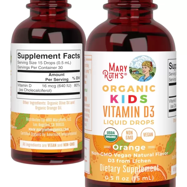 imageMaryRuth Organics USDA Organic Vitamin D3 Liquid Drops for Kids  640 IU Vitamin D3 Per Serving  Kids Immune Support ampamp Bone Health Supplement  Formulated for Ages 413  05oz  30 ServingsOrange