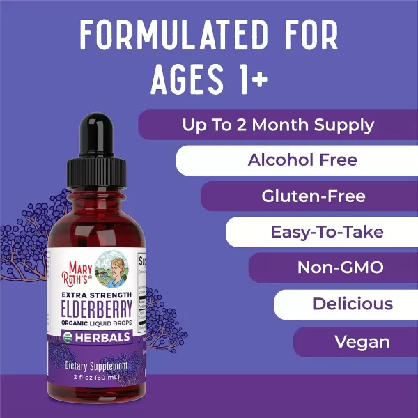 imageMaryRuth Organics Elderberry Syrup Extra Strength USDA Organic Elderberry Sugar Free Adults ampamp Kids Immune Support Supplement for Ages 1 Clean Label Project Verified Vegan Gluten Free 2 Fl Oz