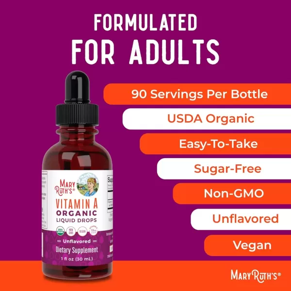 imageMaryRuth Organics USDA Organic Vitamin A Liquid Drops  3 Month Supply  Immune Support Eye Health Skin Health for Ages 14  750mcg per Serving  Sugar Free  Vegan  NonGMO  Gluten Free  1ozUnflavored